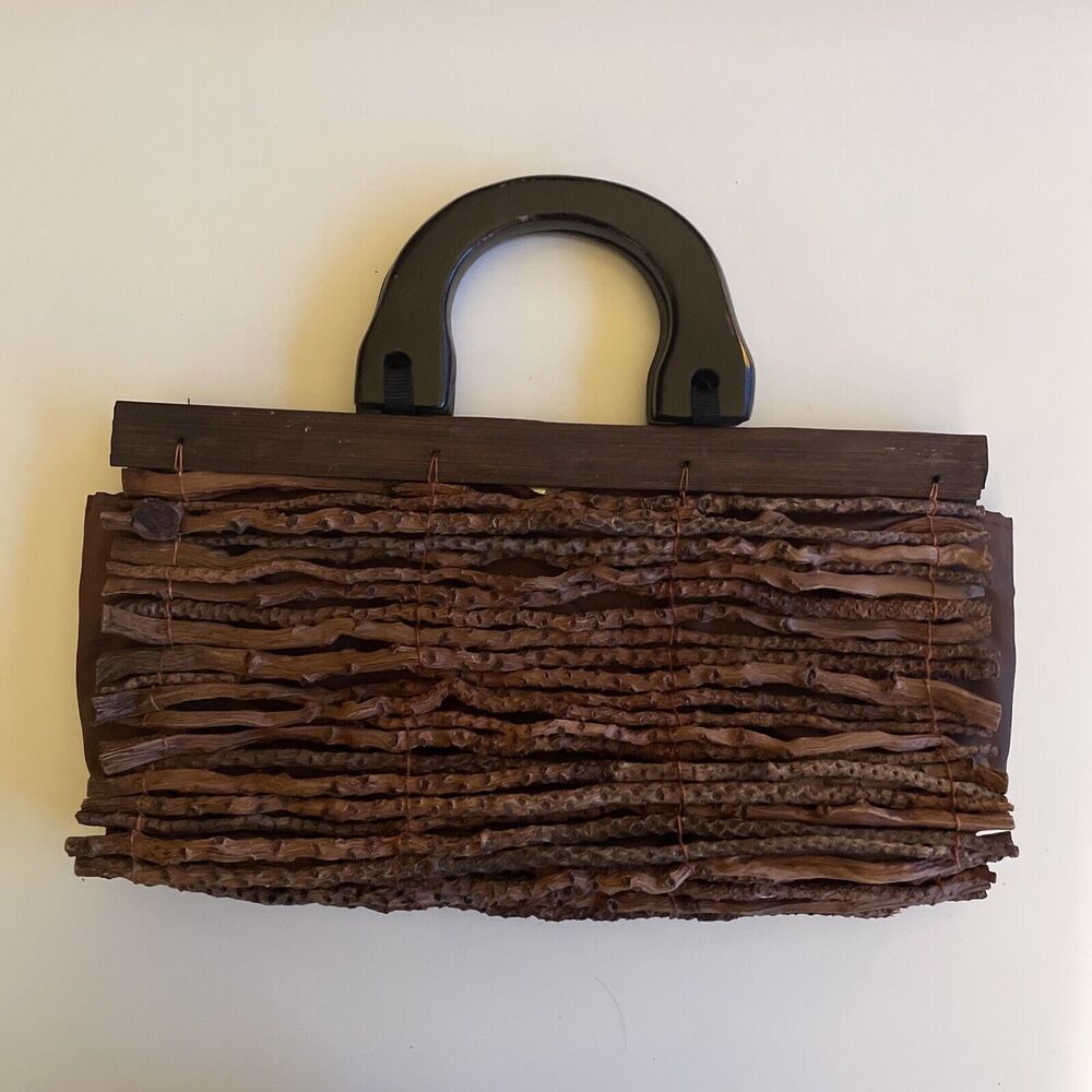 Vintage Branch Handbag, Brown Wooden Top‎ Handles Handmade Purse